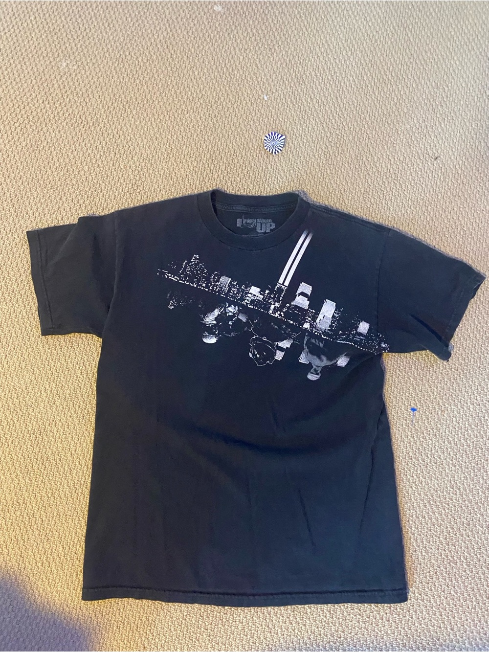 Black Graphic Crewneck Tee with City Skyline Print
